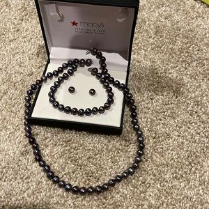 Blue Pearl earrings, bracelet, necklace set.